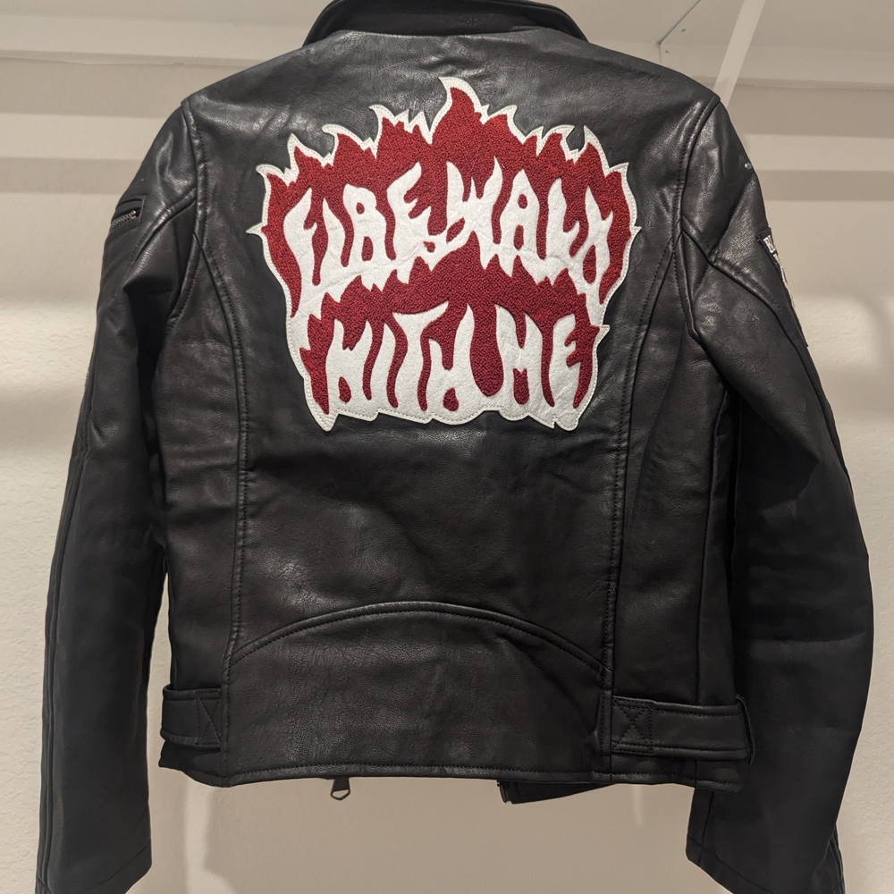 Black Leather Jacket with Red and White Graphic